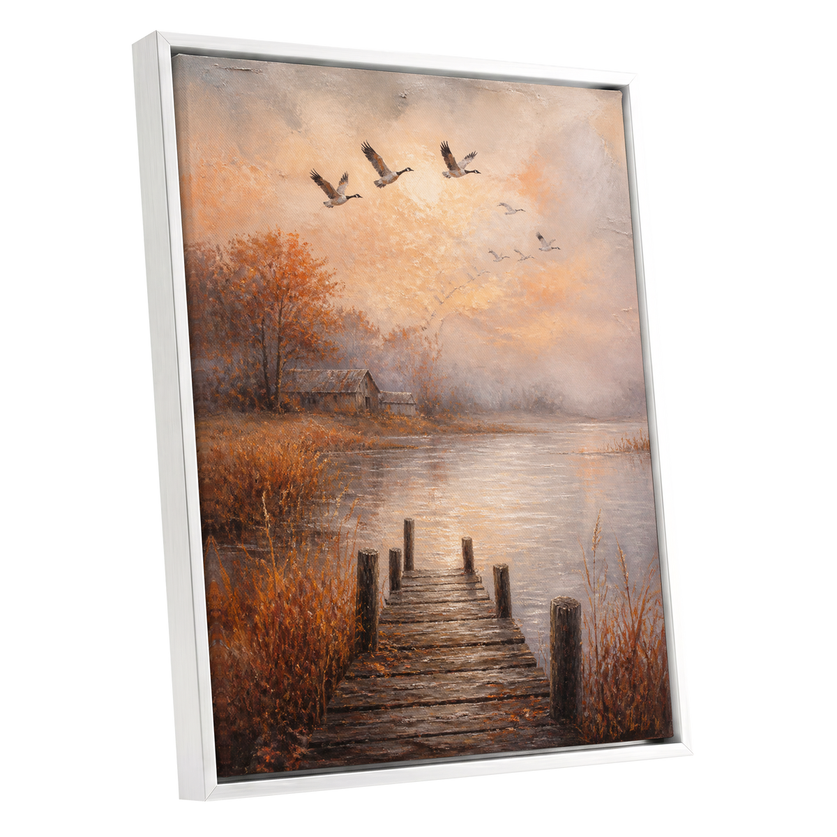 Autumn Flight at Dusk, brown, orange, beige nature wall art shown as a white framed canvas wall art