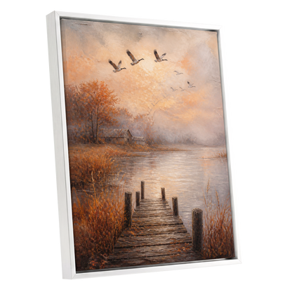 Autumn Flight at Dusk, brown, orange, beige nature wall art shown as a white framed canvas wall art