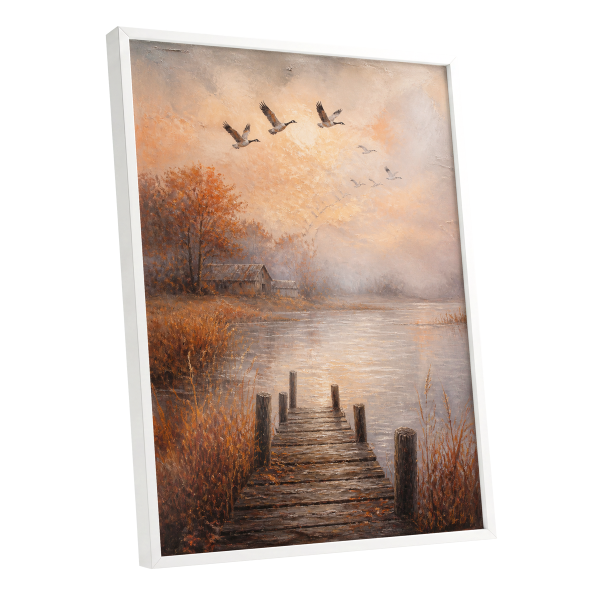 Autumn Flight at Dusk, brown, orange, beige nature wall art shown as a white framed poster wall art print