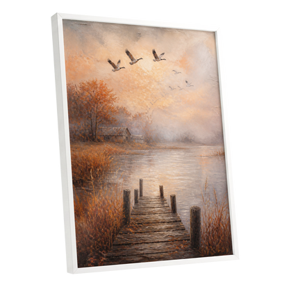 Autumn Flight at Dusk, brown, orange, beige nature wall art shown as a white framed poster wall art print