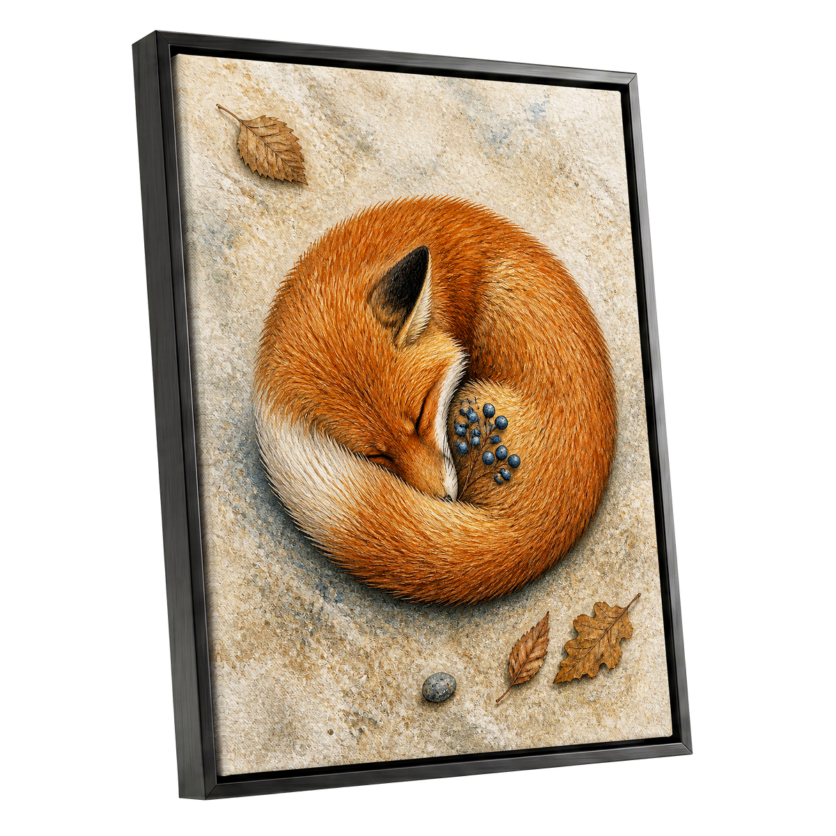 Autumn Fox Slumber, orange, beige, brown nature wall art shown as a black framed canvas wall art