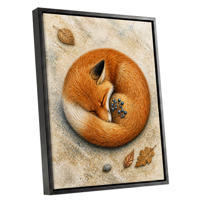 Autumn Fox Slumber, orange, beige, brown nature wall art shown as a black framed canvas wall art