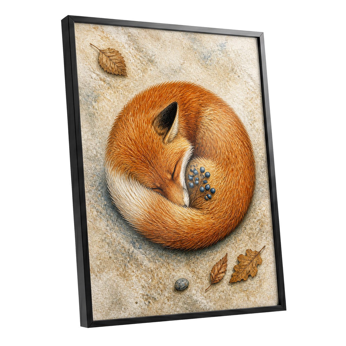 Autumn Fox Slumber, orange, beige, brown nature wall art shown as a black framed poster wall art print