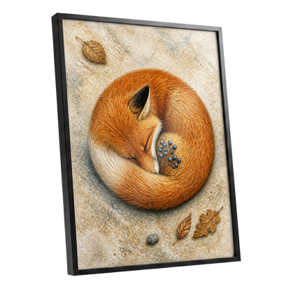 Autumn Fox Slumber, orange, beige, brown nature wall art shown as a black framed poster wall art print