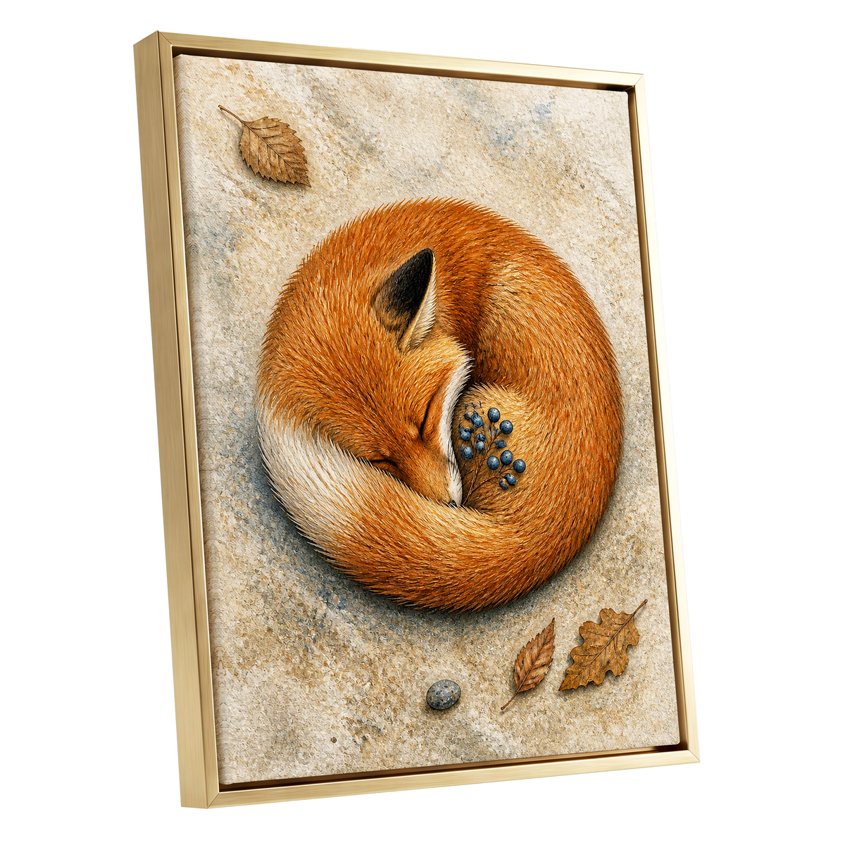 Autumn Fox Slumber, orange, beige, brown nature wall art shown as a gold framed canvas wall art