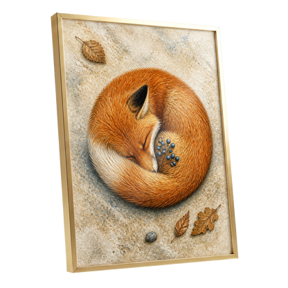 Autumn Fox Slumber, orange, beige, brown nature wall art shown as a gold framed poster wall art print