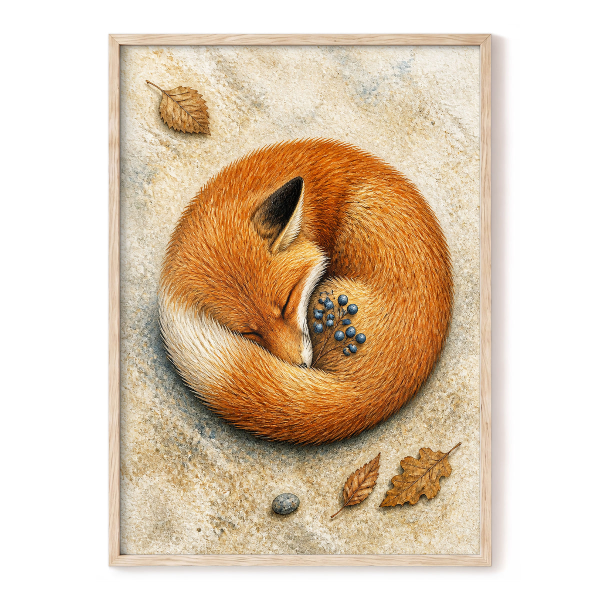 Autumn Fox Slumber, orange, beige, brown nature wall art, front artwork view