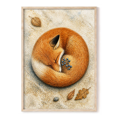 Autumn Fox Slumber, orange, beige, brown nature wall art, front artwork view
