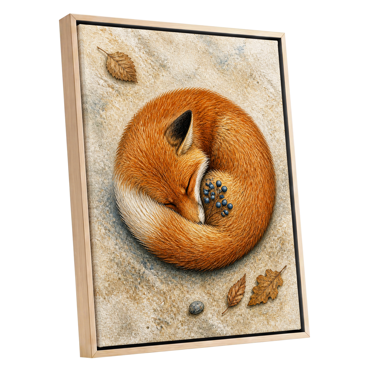 Autumn Fox Slumber, orange, beige, brown nature wall art shown as a oak framed canvas wall art