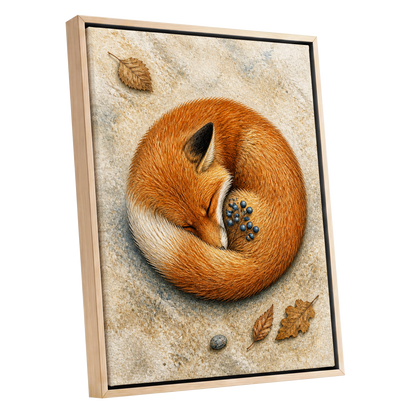 Autumn Fox Slumber, orange, beige, brown nature wall art shown as a oak framed canvas wall art