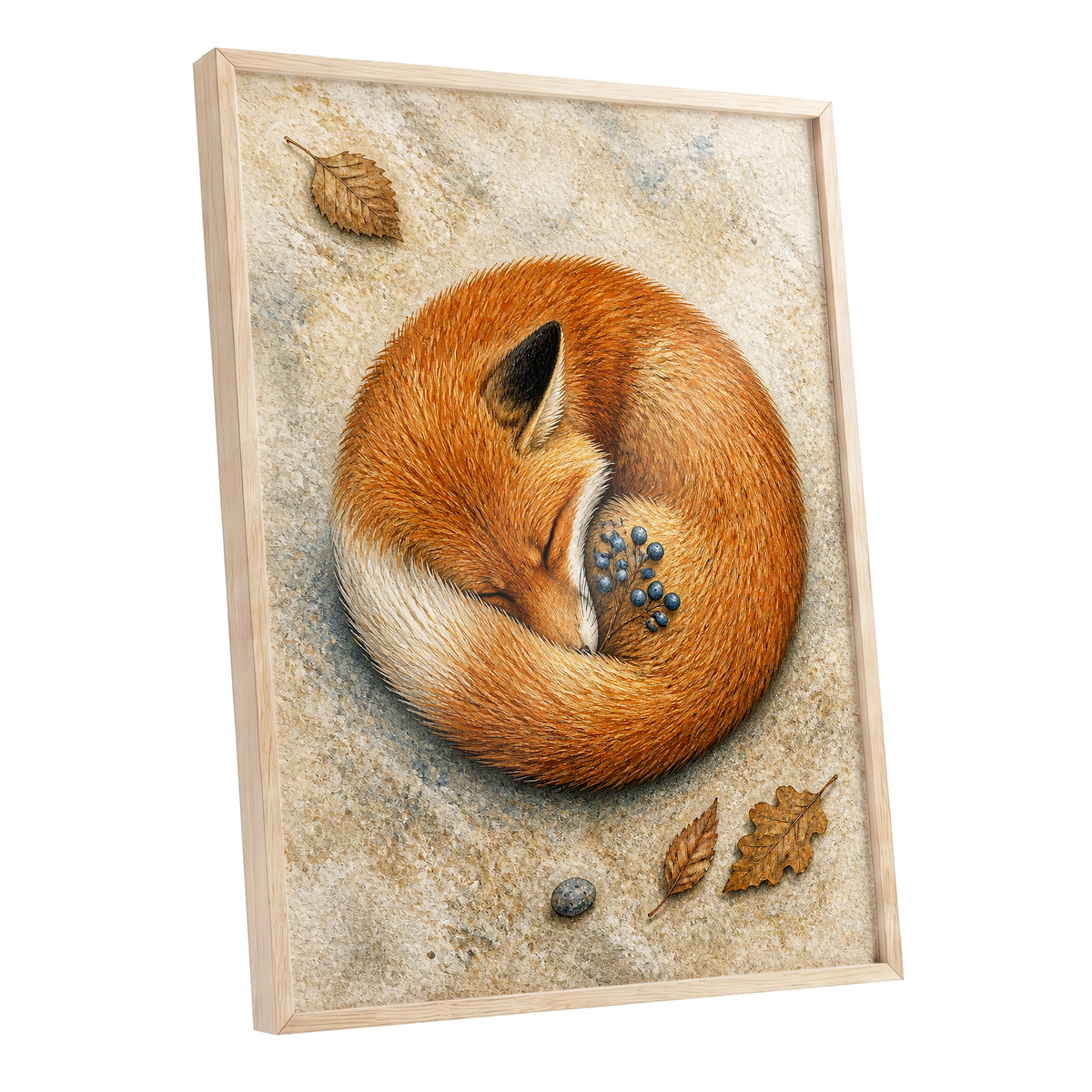 Autumn Fox Slumber, orange, beige, brown nature wall art shown as a oak framed poster wall art print