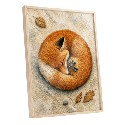 Autumn Fox Slumber, orange, beige, brown nature wall art shown as a oak framed poster wall art print
