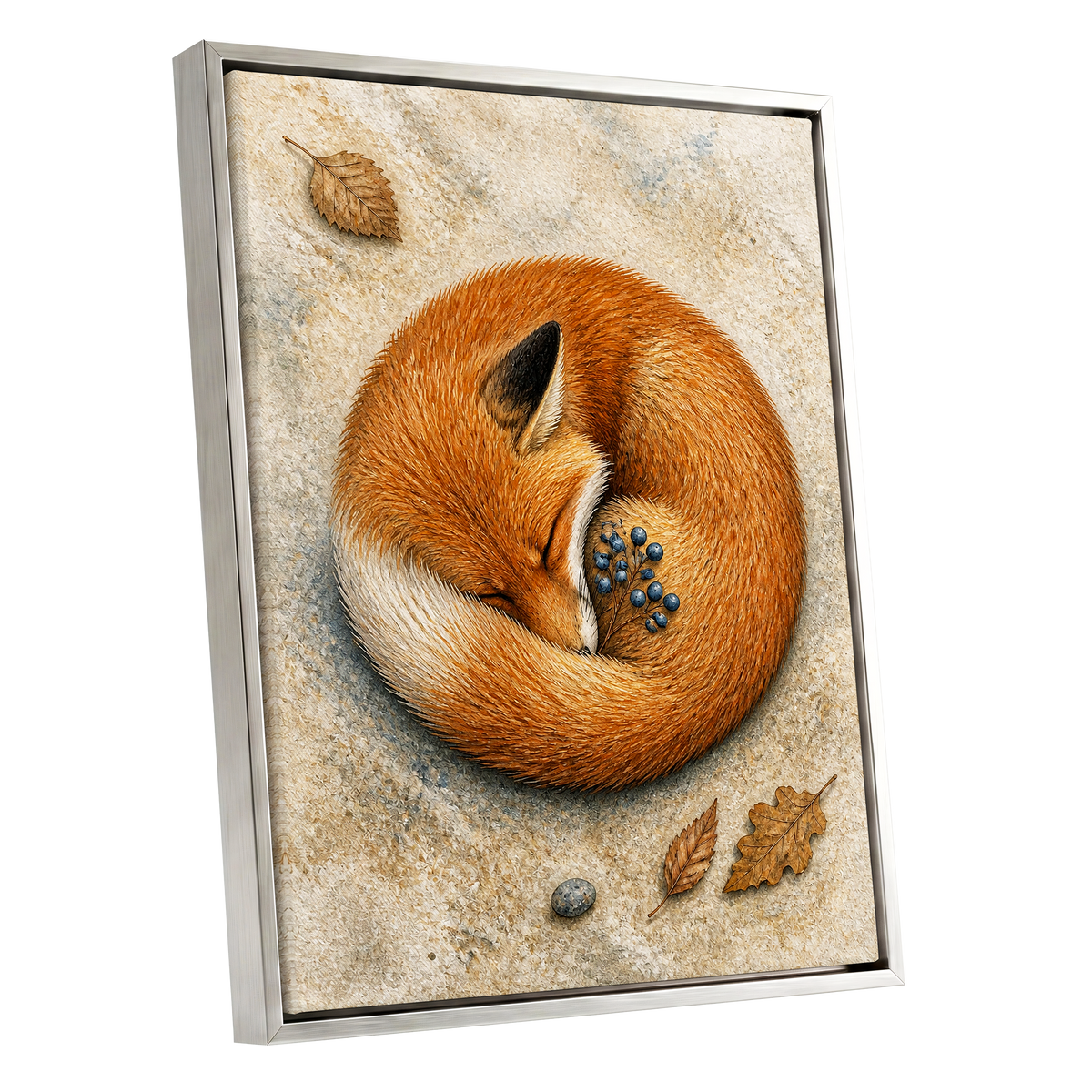 Autumn Fox Slumber, orange, beige, brown nature wall art shown as a silver framed canvas wall art