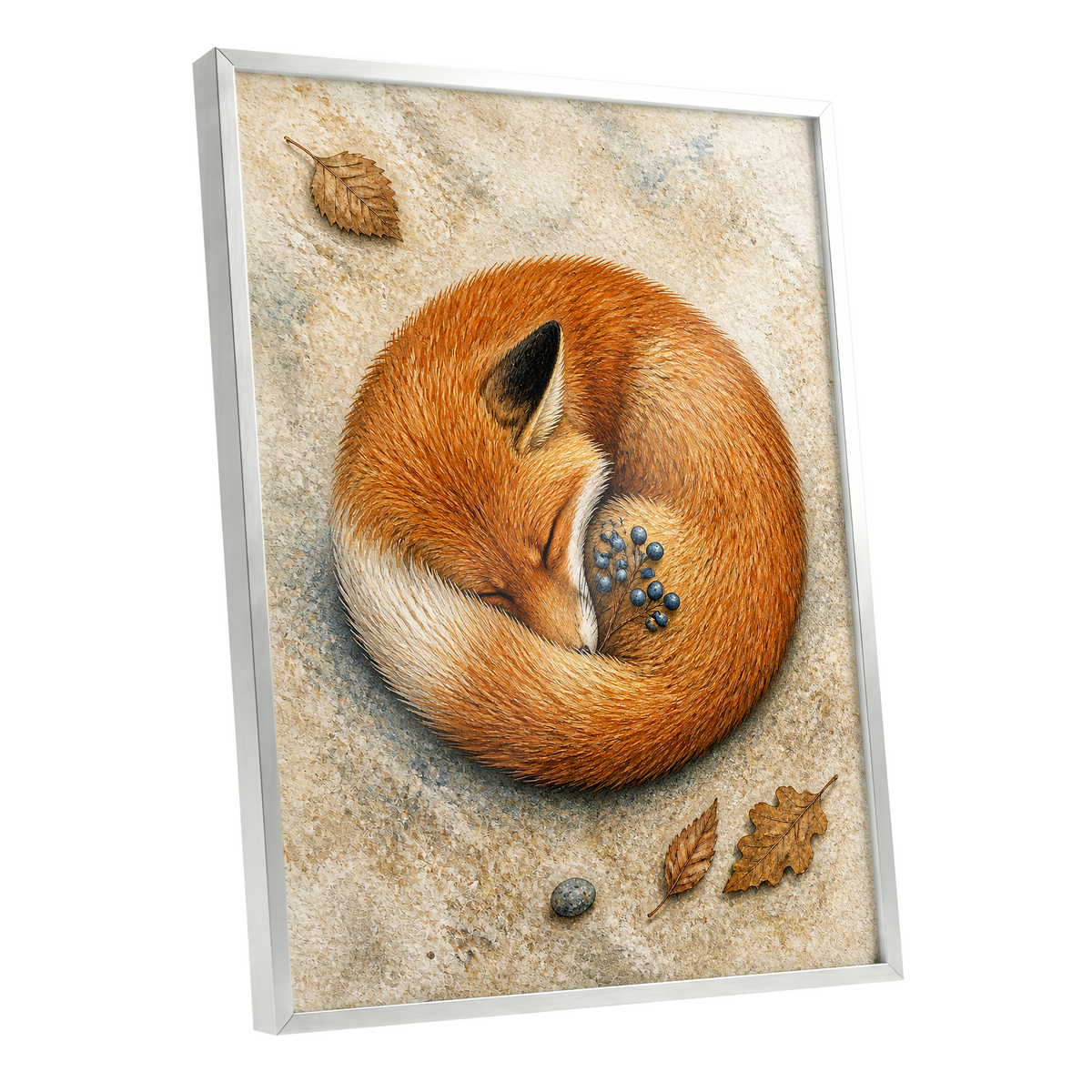 Autumn Fox Slumber, orange, beige, brown nature wall art shown as a silver framed poster wall art print