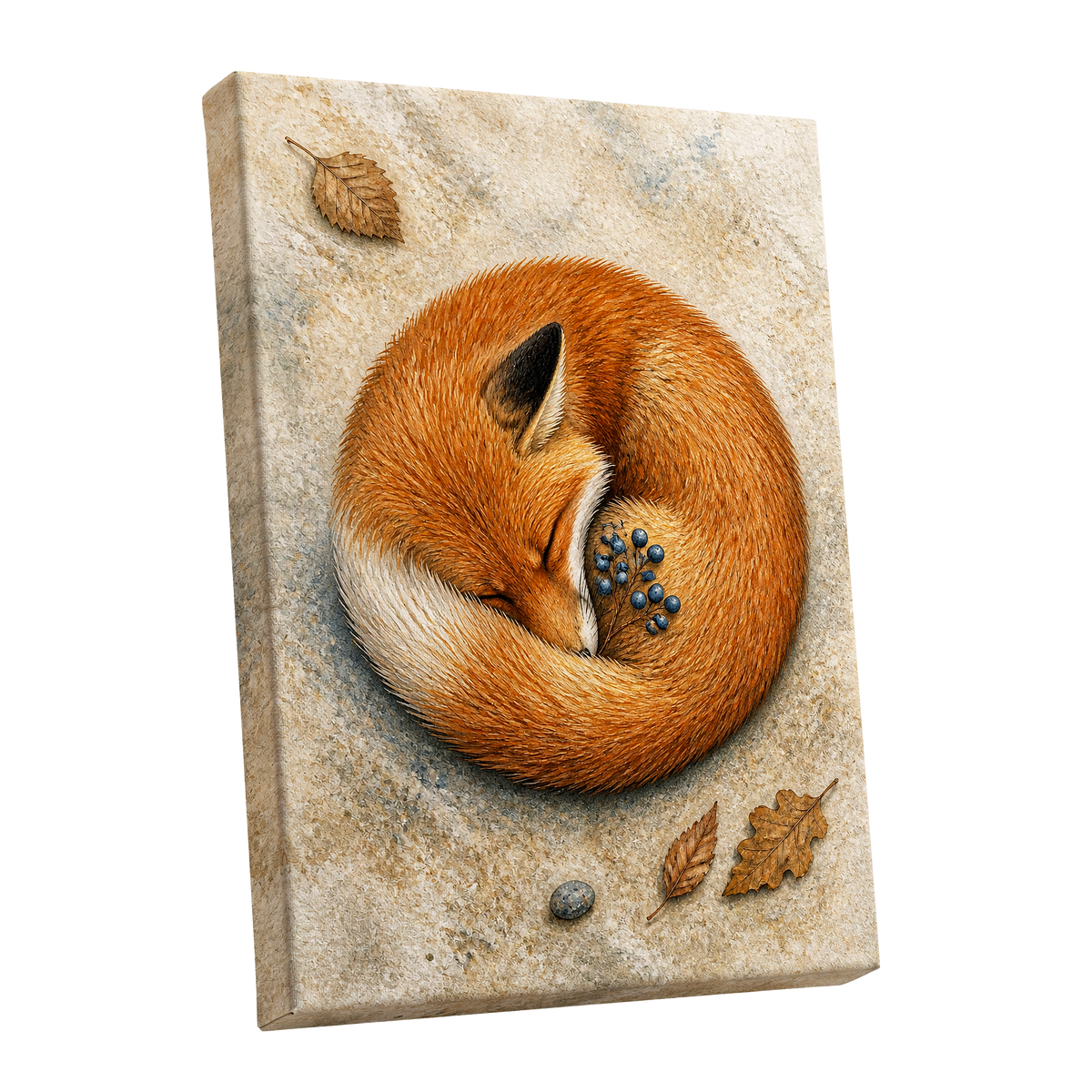Autumn Fox Slumber, orange, beige, brown nature wall art shown as a stretched canvas wall art