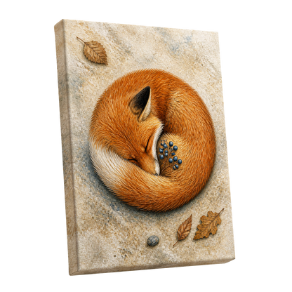 Autumn Fox Slumber, orange, beige, brown nature wall art shown as a stretched canvas wall art