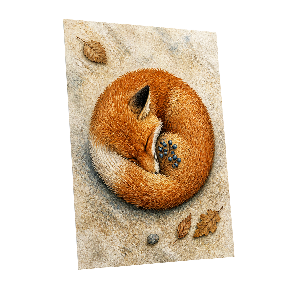 Autumn Fox Slumber, orange, beige, brown nature wall art shown as a unframed poster wall art print