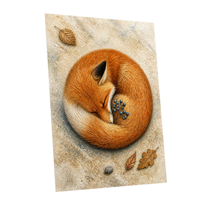 Autumn Fox Slumber, orange, beige, brown nature wall art shown as a unframed poster wall art print