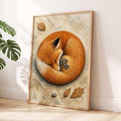 Autumn Fox Slumber, orange, beige, brown nature wall art displayed in a styled interior, gallery view 2