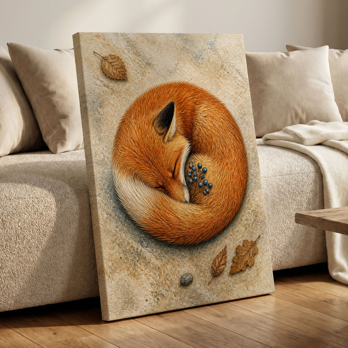 Autumn Fox Slumber, orange, beige, brown nature wall art displayed in a styled interior, gallery view 3