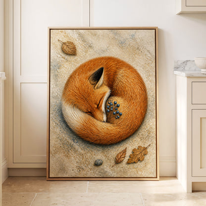 Autumn Fox Slumber, orange, beige, brown nature wall art displayed in a styled interior, gallery view 4