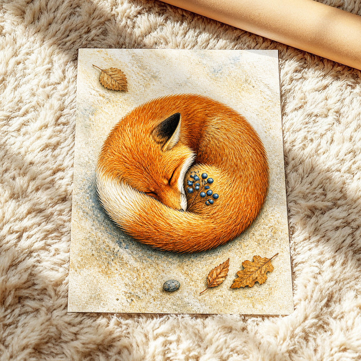 Autumn Fox Slumber, orange, beige, brown nature wall art displayed in a styled interior, gallery view 5