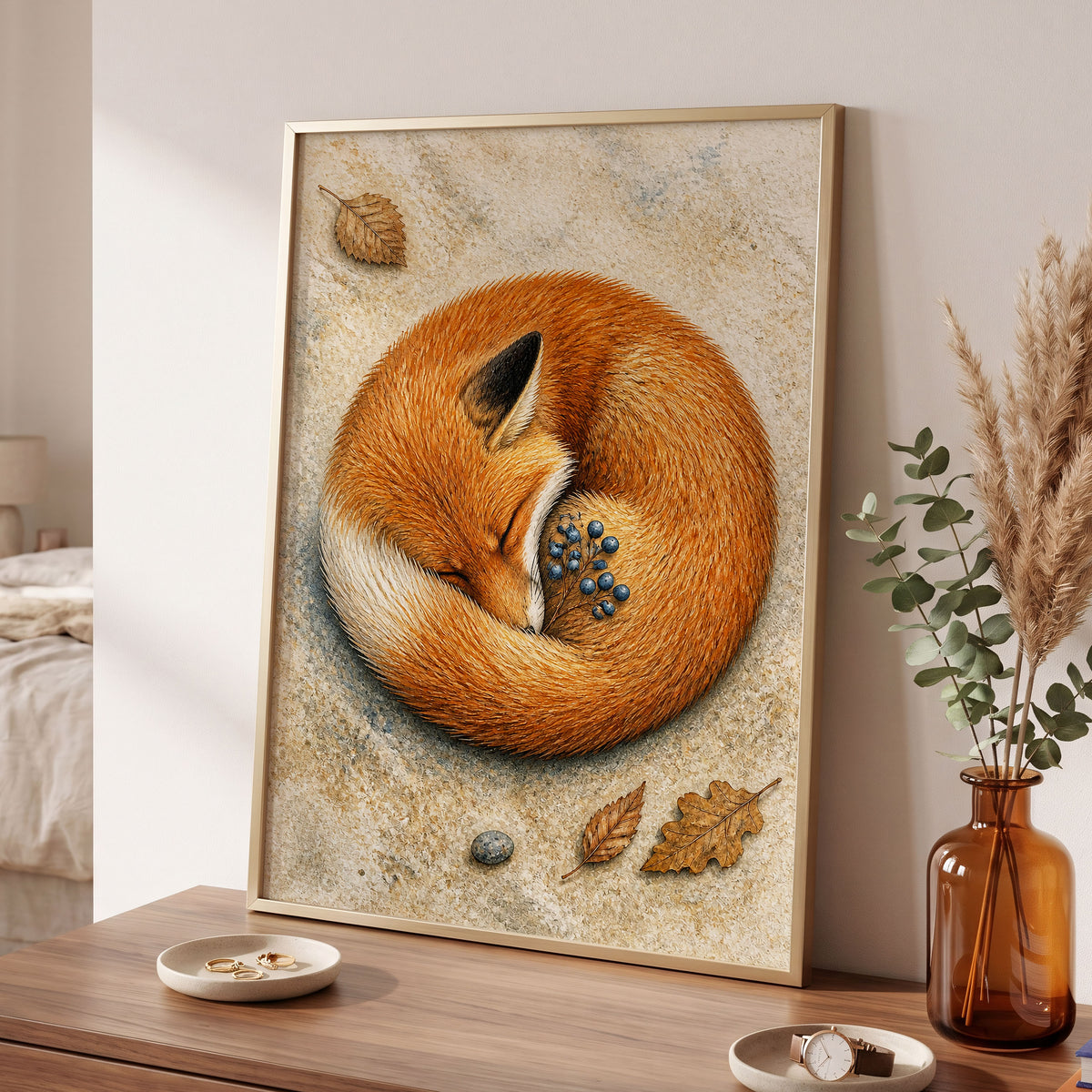 Autumn Fox Slumber, orange, beige, brown nature wall art displayed in a styled interior, gallery view 6