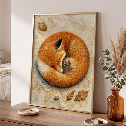 Autumn Fox Slumber, orange, beige, brown nature wall art displayed in a styled interior, gallery view 6