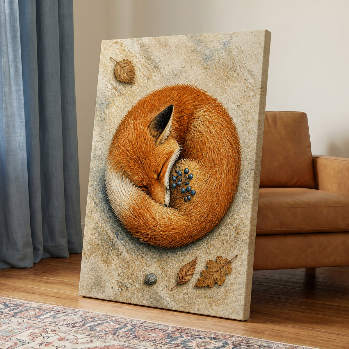 Autumn Fox Slumber, orange, beige, brown nature wall art displayed in a styled interior, gallery view 7