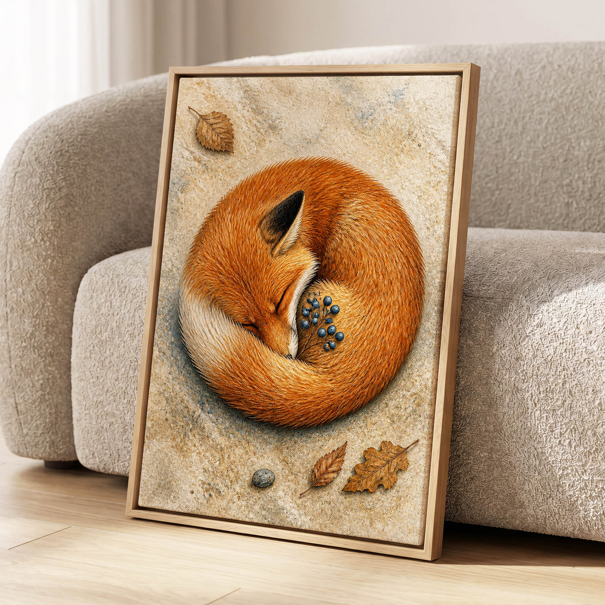 Autumn Fox Slumber, orange, beige, brown nature wall art displayed in a styled interior, gallery view 8