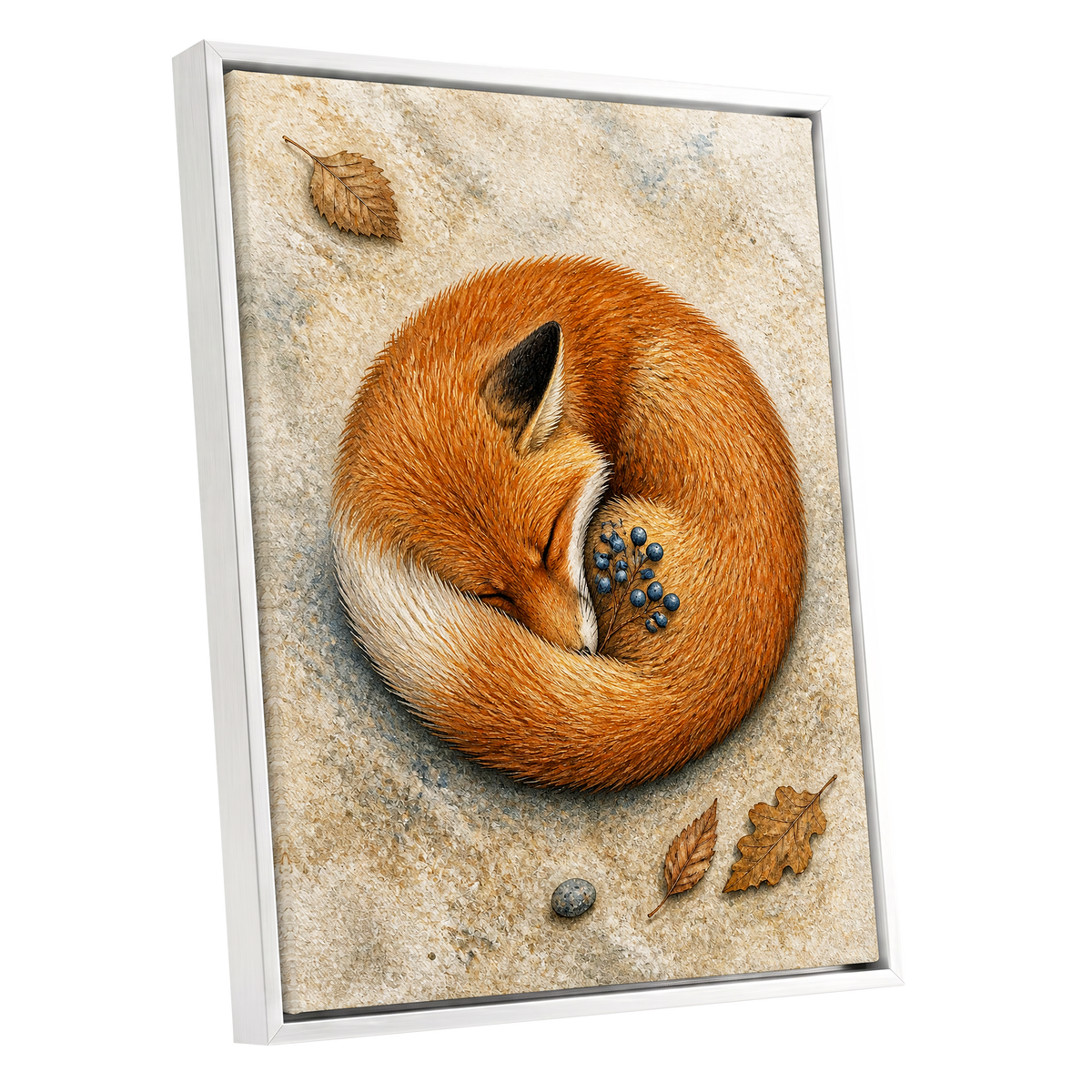 Autumn Fox Slumber, orange, beige, brown nature wall art shown as a white framed canvas wall art
