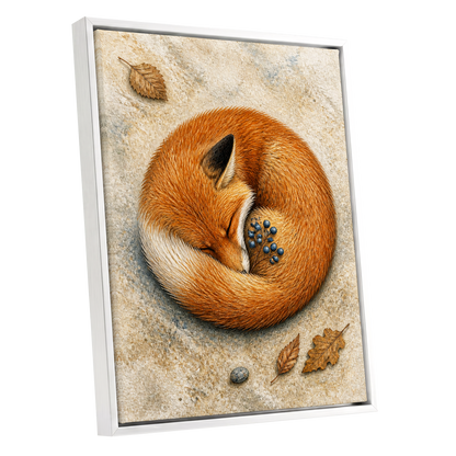 Autumn Fox Slumber, orange, beige, brown nature wall art shown as a white framed canvas wall art