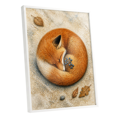 Autumn Fox Slumber, orange, beige, brown nature wall art shown as a white framed poster wall art print