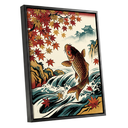 Autumn Koi Cascade, beige, black, red nature wall art shown as a black framed canvas wall art