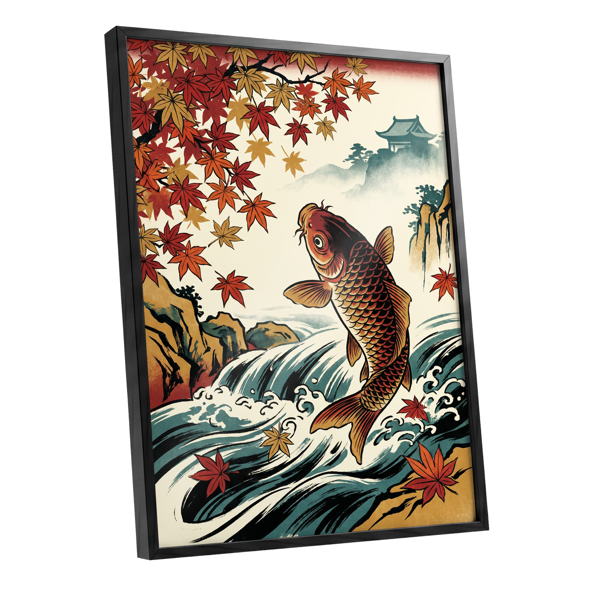 Autumn Koi Cascade, beige, black, red nature wall art shown as a black framed poster wall art print