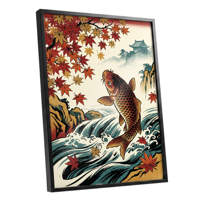 Autumn Koi Cascade, beige, black, red nature wall art shown as a black framed poster wall art print