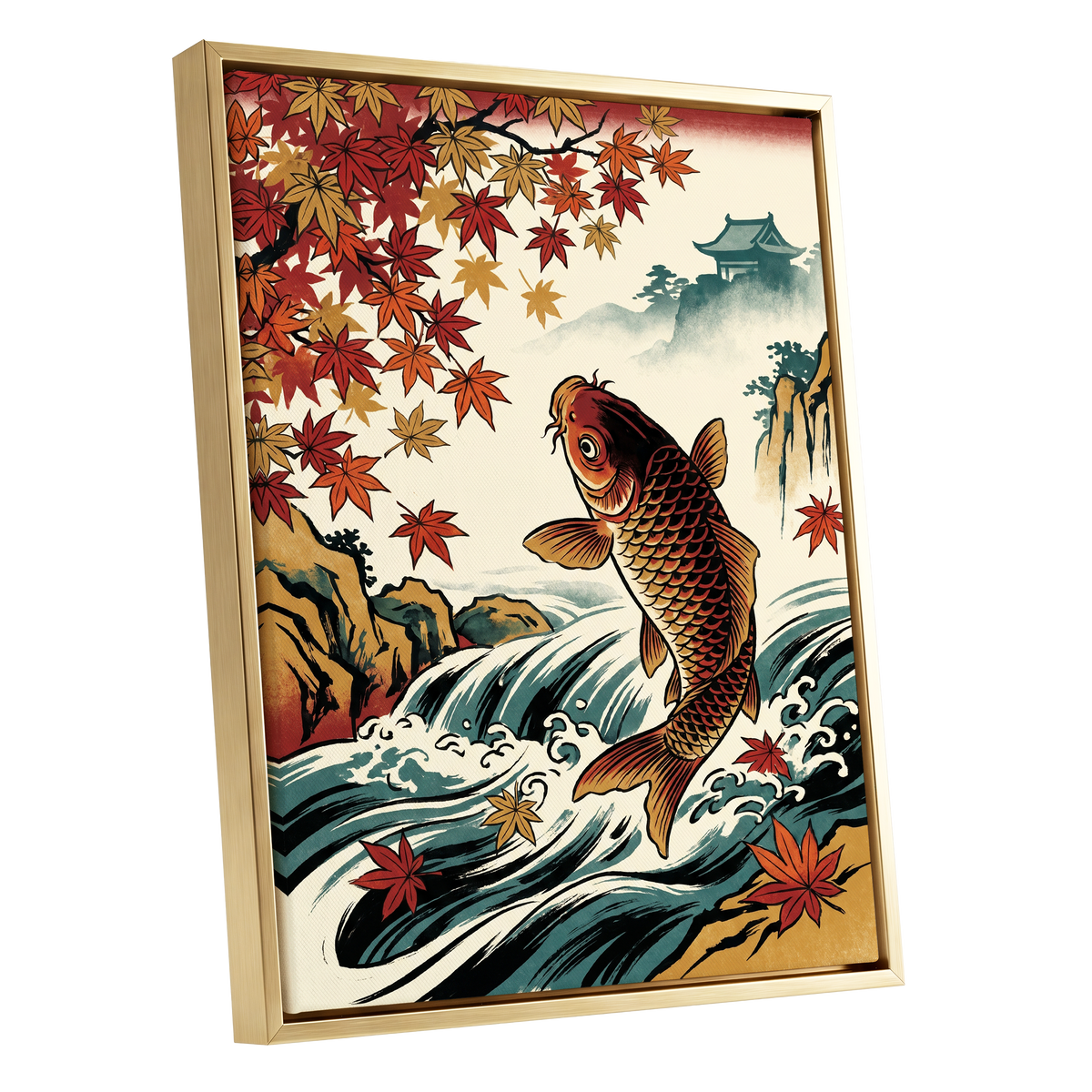 Autumn Koi Cascade, beige, black, red nature wall art shown as a gold framed canvas wall art