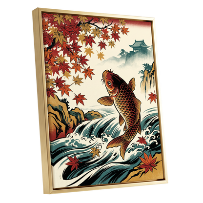 Autumn Koi Cascade, beige, black, red nature wall art shown as a gold framed canvas wall art