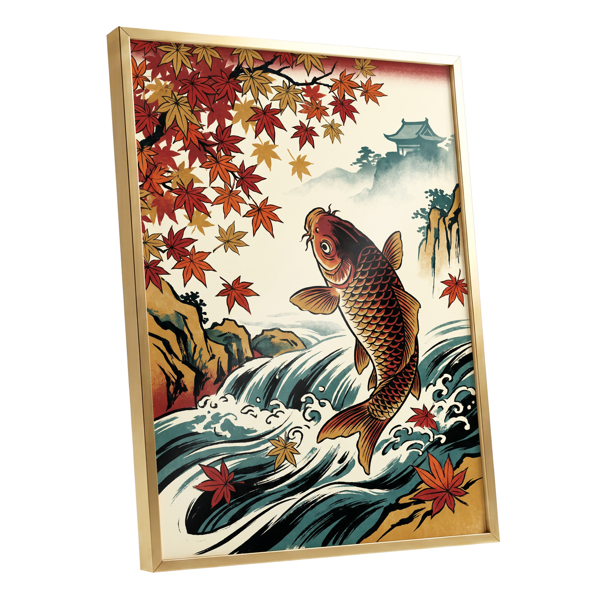 Autumn Koi Cascade, beige, black, red nature wall art shown as a gold framed poster wall art print