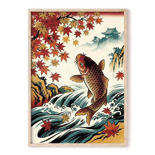 Autumn Koi Cascade, beige, black, red nature wall art, front artwork view