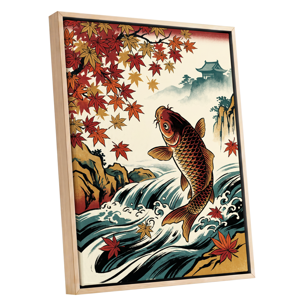Autumn Koi Cascade, beige, black, red nature wall art shown as a oak framed canvas wall art