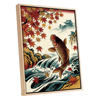 Autumn Koi Cascade, beige, black, red nature wall art shown as a oak framed canvas wall art