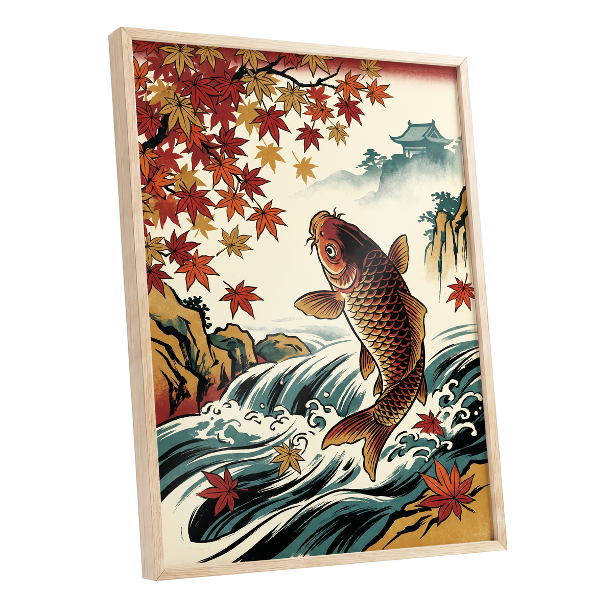 Autumn Koi Cascade, beige, black, red nature wall art shown as a oak framed poster wall art print