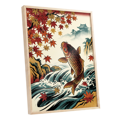 Autumn Koi Cascade, beige, black, red nature wall art shown as a oak framed poster wall art print