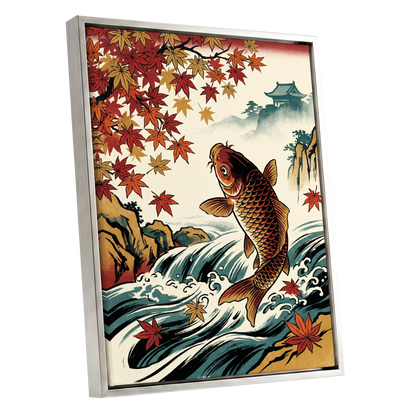 Autumn Koi Cascade, beige, black, red nature wall art shown as a silver framed canvas wall art