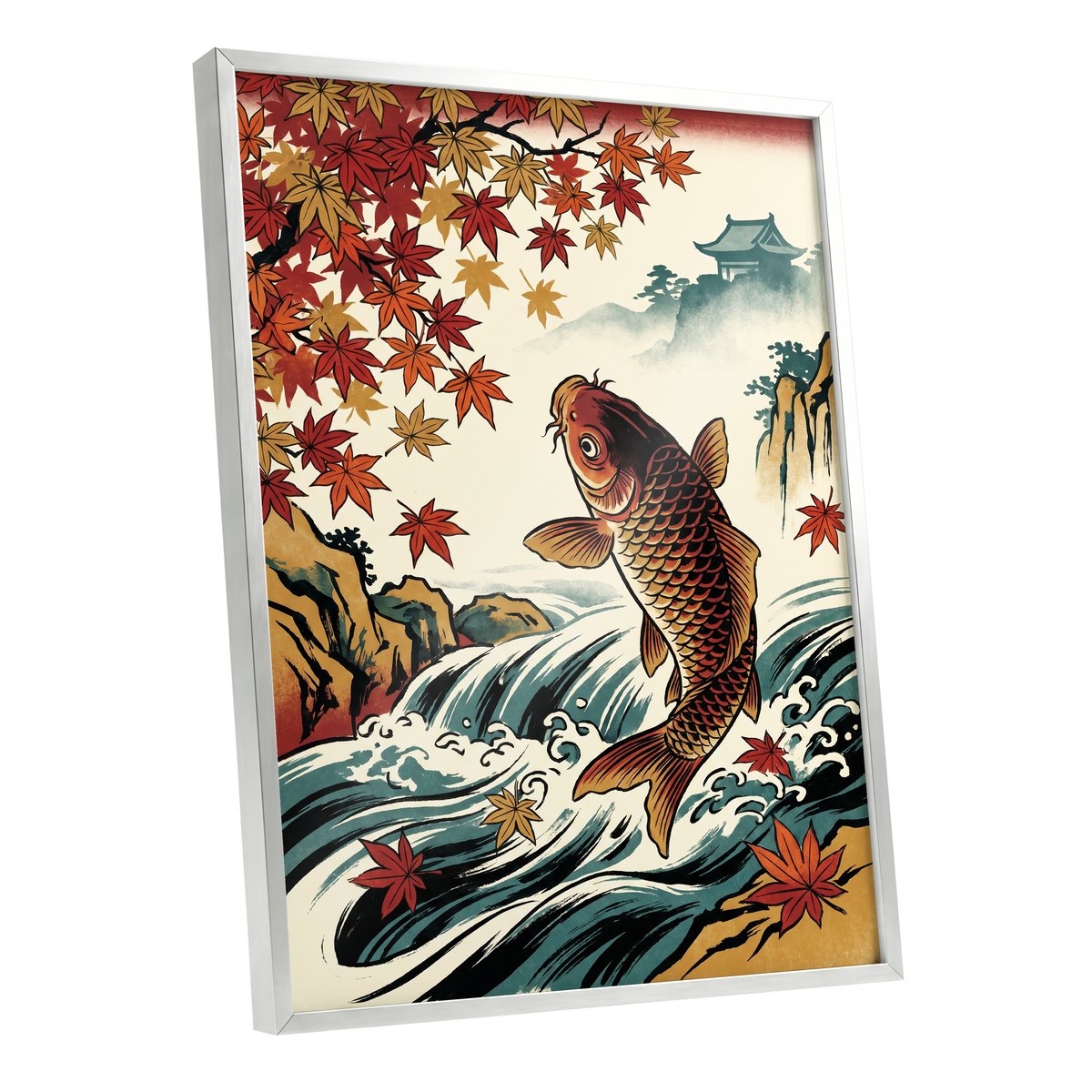 Autumn Koi Cascade, beige, black, red nature wall art shown as a silver framed poster wall art print