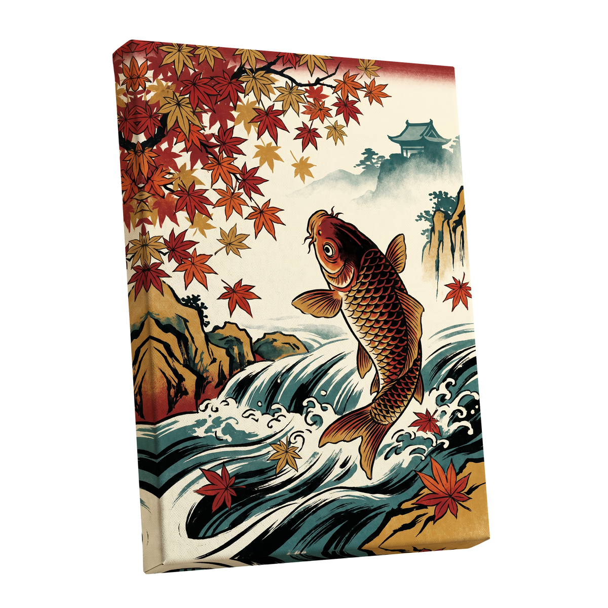 Autumn Koi Cascade, beige, black, red nature wall art shown as a stretched canvas wall art
