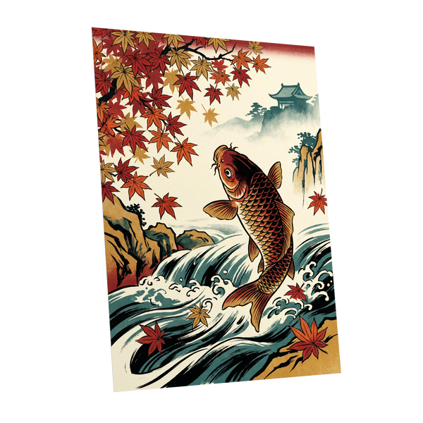 Autumn Koi Cascade, beige, black, red nature wall art shown as a unframed poster wall art print
