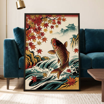 Autumn Koi Cascade, beige, black, red nature wall art displayed in a styled interior, gallery view 2