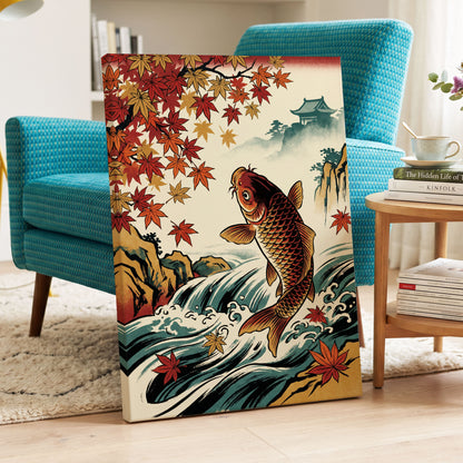 Autumn Koi Cascade, beige, black, red nature wall art displayed in a styled interior, gallery view 3